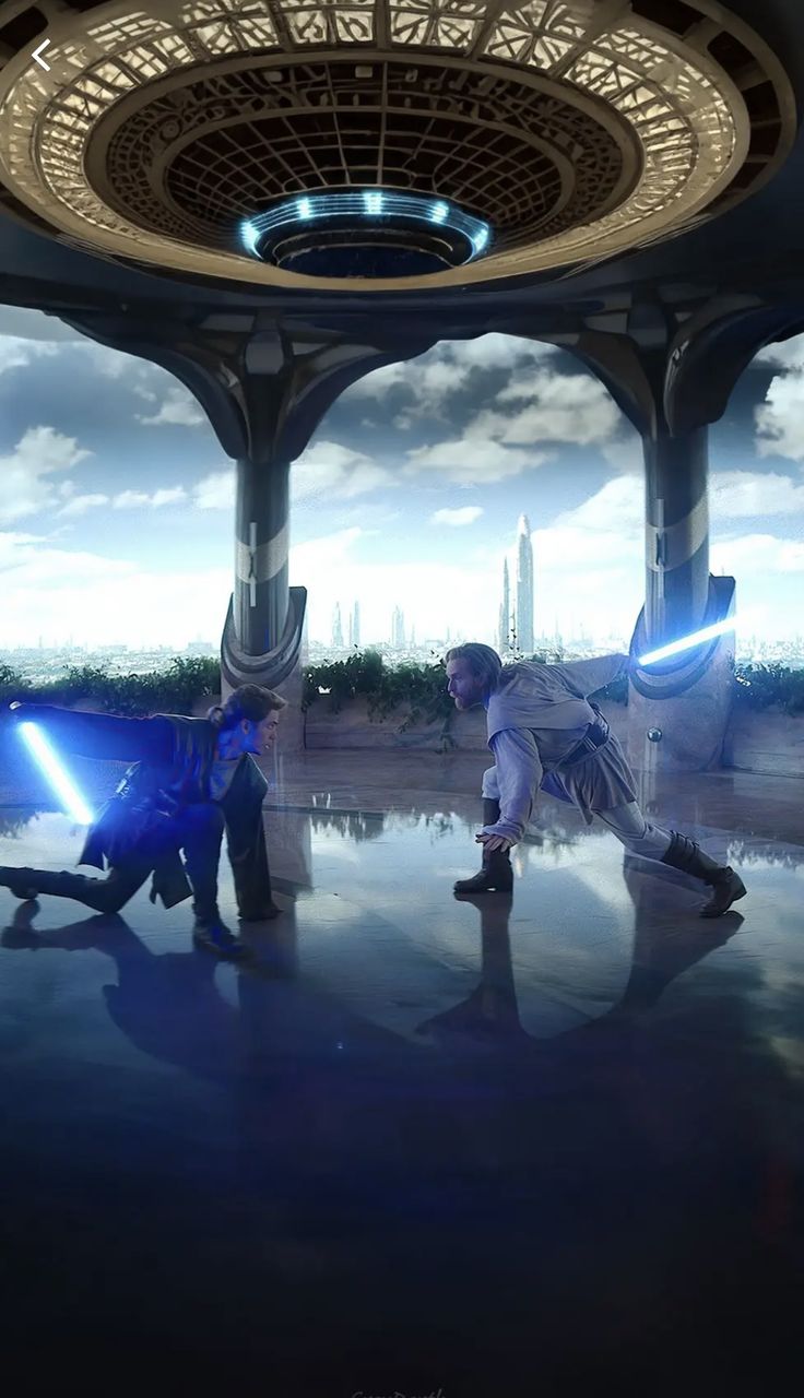 two people are standing in front of a building with lights on and one person is holding a light saber