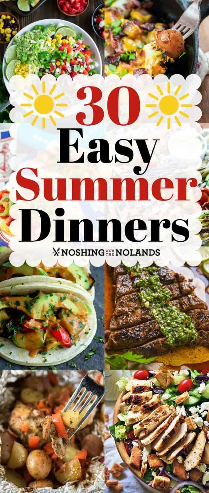 the cover of 30 easy summer dinners with pictures of different foods and vegetables on it