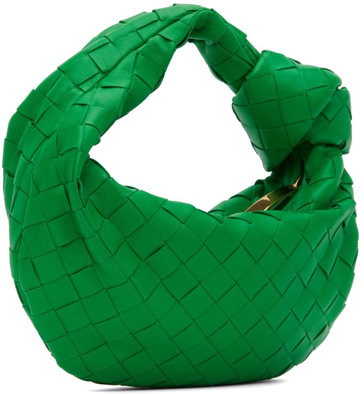 Intrecciato-woven grained lambskin and calfskin top handle bag in green. · Integrated carry handle with knotted detailing · Zip closure · Tonal leather lining · Gold·-tone hardware · H8 x W10 x D3 in Supplier color: Parakeet Luxury Green Bag With Rolled Handles, Luxury Green Bags With Rolled Handles, Luxury Green Bag With Round Handle, Designer Green Bags With Intrecciato Weave, Green Tote Bag With Intrecciato Weave, Chic Green Shoulder Bag With Intrecciato Weave, Green Intrecciato Weave Tote Shoulder Bag, Green Evening Bag With Braided Handles, Green Intrecciato Weave Tote Bag