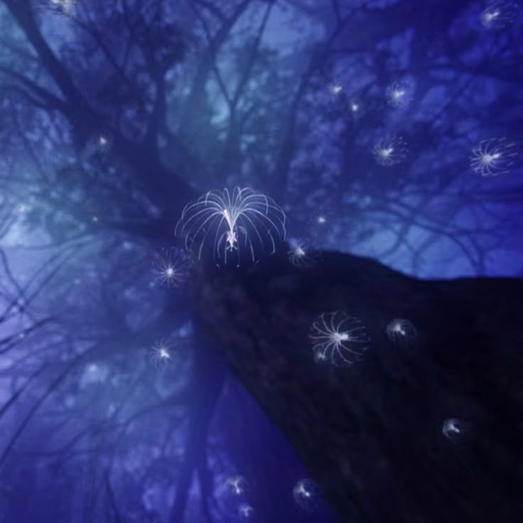 fireworks are lit up in the night sky above a dark tree with snowflakes on it