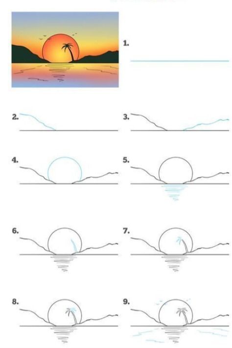 how to draw a palm tree at sunset step by step instructions for children and adults