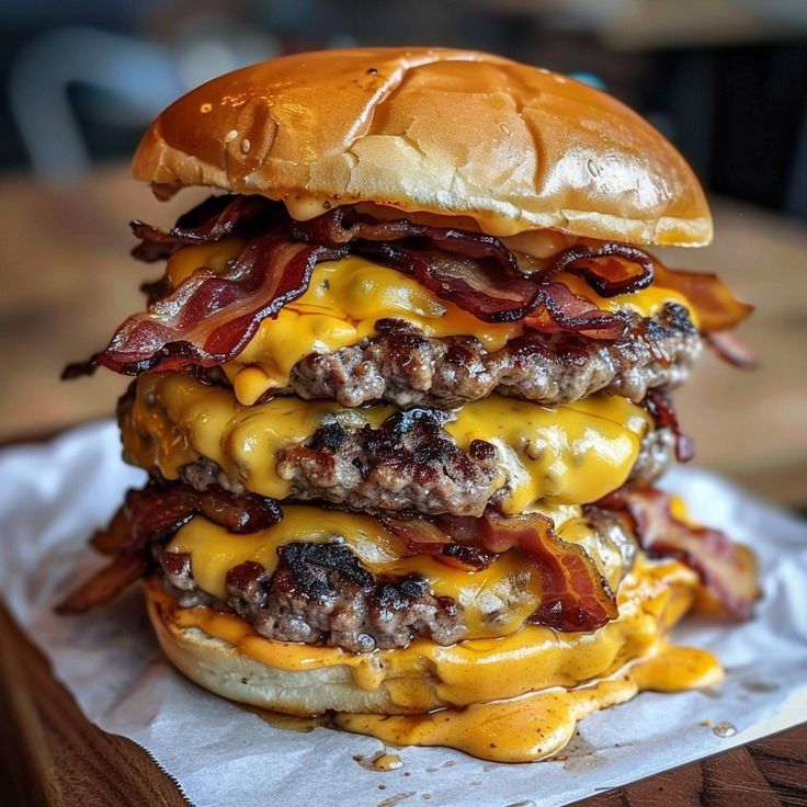 a bacon cheeseburger is stacked on top of each other