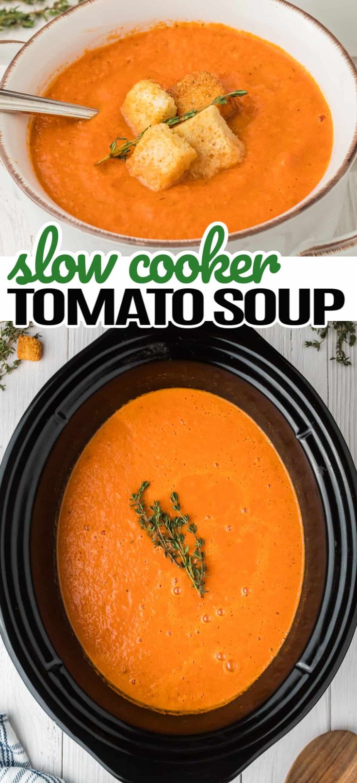 this slow cooker tomato soup is the perfect way to use up leftover croutons