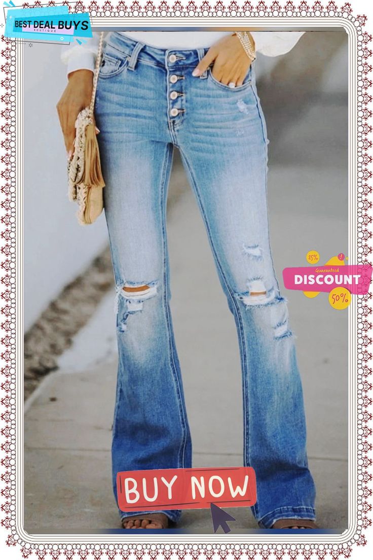 As Picture Holiday Ripped Denim Jeans Casual High Rise Flare Jeans With Button Zip Fly, Casual Medium Wash Pants With Zipper Closure, Trendy Jeans With Button Zip Fly For Spring, Denim Blue Fall Pants With Button Zip Fly, Denim Blue Pants With Button Zip Fly For Fall, Trendy Spring Jeans With Button Zip Fly, Denim Blue Pants With Zipper Closure For Fall, Fall Denim Blue Pants With Zipper Closure, Denim Blue Pants With Zipper For Fall