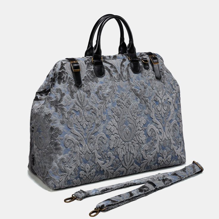 Damask Steel Blue Men's Carpetbag carpet bag MCW Handmade Luxury Coated Canvas Satchel With Adjustable Strap, Luxury Coated Canvas Shoulder Satchel, Luxury Coated Canvas Bag With Adjustable Strap, Luxury Bag With Adjustable Strap In Coated Canvas, Luxury Bags With Adjustable Strap In Coated Canvas, Luxury Bag With Adjustable Strap And Coated Canvas, High-end Shoulder Bag With Leather Trim For Travel, High-end Travel Shoulder Bag With Leather Trim, High-end Rectangular Shoulder Bag With Leather Trim