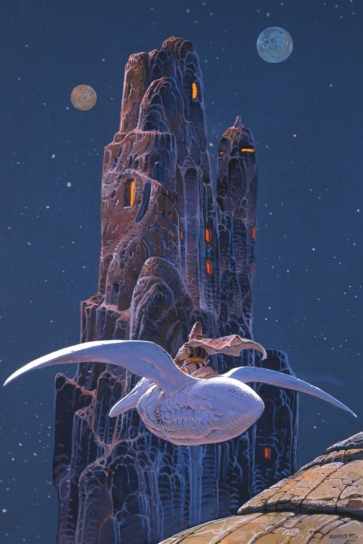 a white bird flying past a tall building on top of a hill next to a moon filled sky