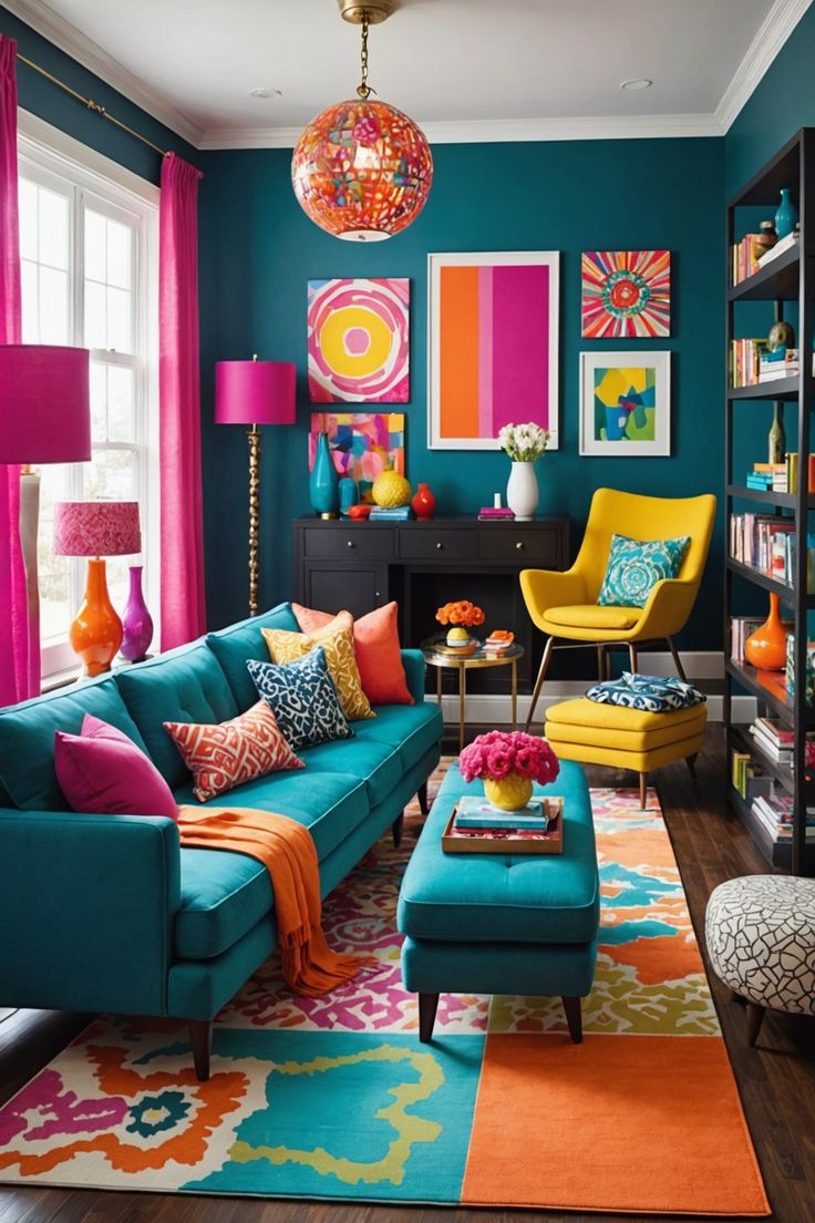 a living room with blue couches and colorful rugs