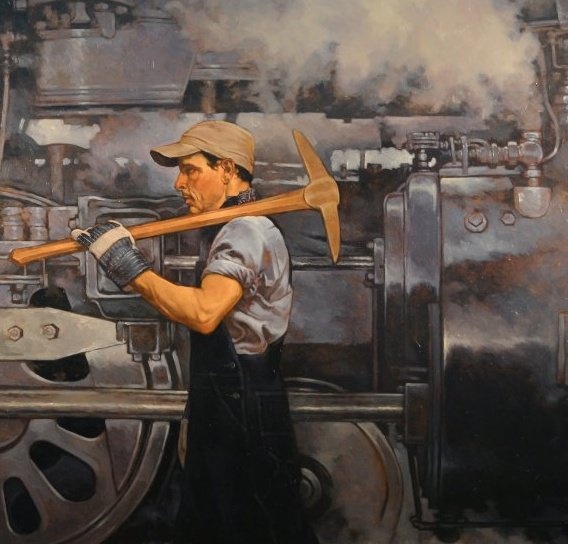 a painting of a man working on a train with an ax in front of him