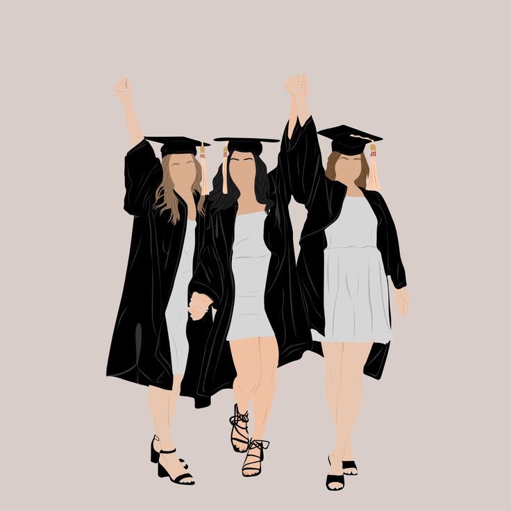 three women in graduation gowns and caps are holding their hands up to the sky