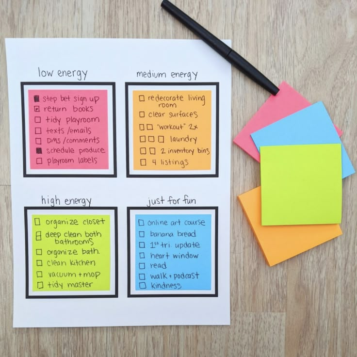 four sticky notes on top of a wooden table next to a black pen and marker