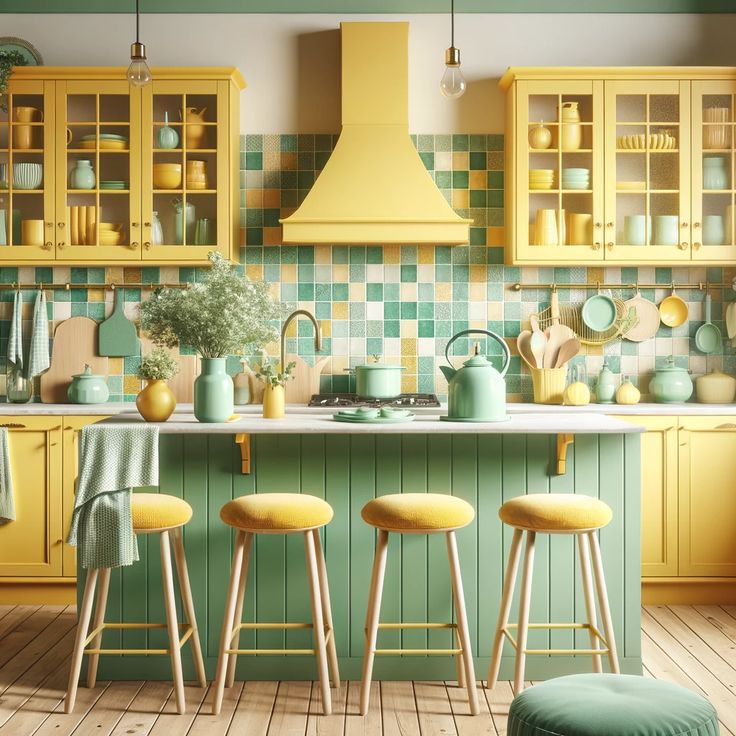 Cream And Yellow Kitchen, Mint And Yellow Kitchen, Sage And Yellow Kitchen, Pastel Yellow Kitchen Cabinets, Green And Yellow Kitchen Ideas, Sage Green And Yellow Kitchen, Pastel Colour Kitchen Ideas, Yellow Accent Kitchen, Mint Color Kitchen