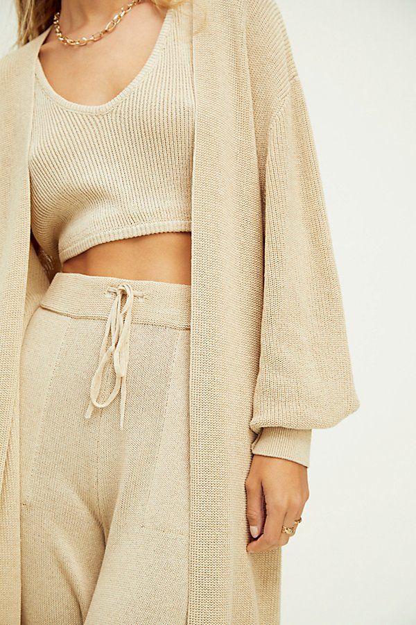 The three-piece set that you will truly live in featuring brami style cropped top, matching high-rise joggers and longline oversized cardigan for done-in-one style no matter the season. | Living In This Sweater Set by Free People in Tan, Size: XL Two Piece Outfits Skirt, Autumn Color Palette Fashion, Lounge Fashion, Lounge Wear Sets, Wfh Outfits, Free People Aesthetic, Free People Set, Outfits Skirt, Fall 23