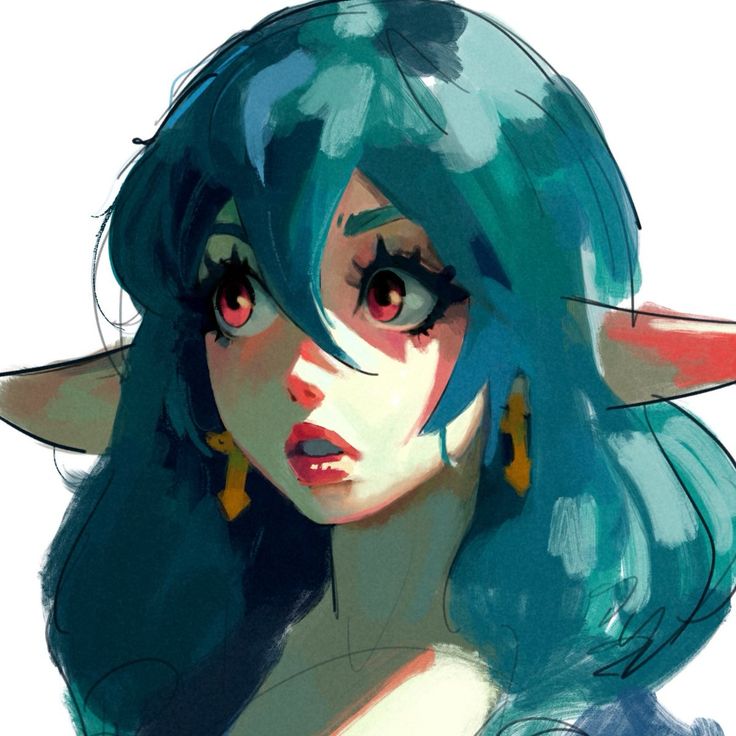 a drawing of a woman with blue hair and horns on her head, wearing earrings