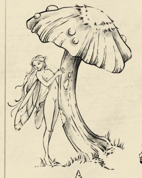 a drawing of a fairy standing next to a mushroom