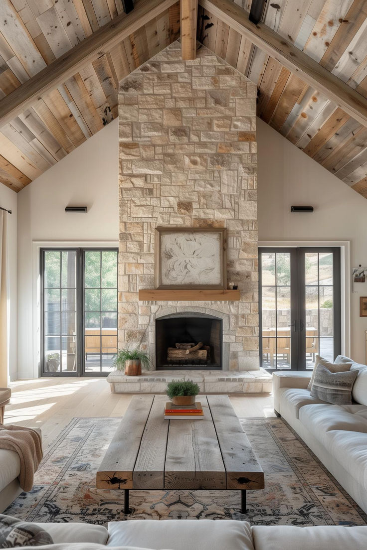 40 Modern Farmhouse Fireplace Ideas for Contemporary Living Country House Fireplace Ideas, Fireplaces Between Windows, Farm Fireplace Ideas, Ceiling To Floor Fireplace Ideas, Fireplace Stone Ideas Farmhouse, Fireplace Ideas Country Style, Gas Fireplace Between Two Windows, Exposed Rock Interior, Living Room Wood Fireplace