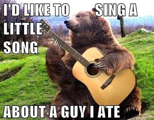 a brown bear sitting on top of a lush green field holding a guitar in its paws