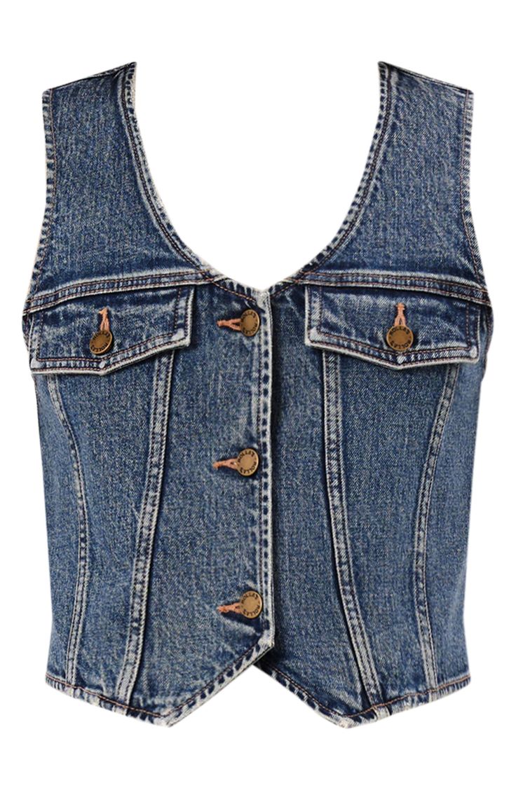 Laid-back denim softened with a hint of stretch relaxes the waistcoat-inspired design of this button-front vest shaped with an adjustable back belt. 20 1/2" length Front button closure V-neck Decorative pocket flaps 99% cotton, 1% elastane Machine wash, line dry Imported Summer Denim Blue Vest With Button Closure, Fitted Medium Wash Vest, Fitted Washed Vest For Summer, Fitted Denim Vest With Buttons, Fitted Denim Vest With Button Closure For Work, Fitted Sleeveless Denim Vest With Pockets, Fitted Sleeveless Denim Top For Work, Fitted Medium Wash Denim Vest, Sleeveless Denim Blue Top For Work