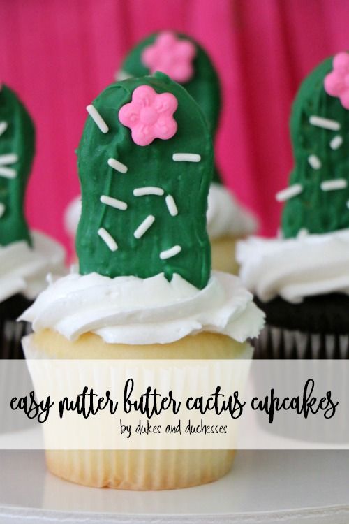 cupcakes decorated with green frosting and white icing, topped with cactus hats