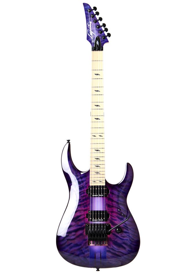 an electric guitar with purple and white stripes on the body, sitting in front of a white