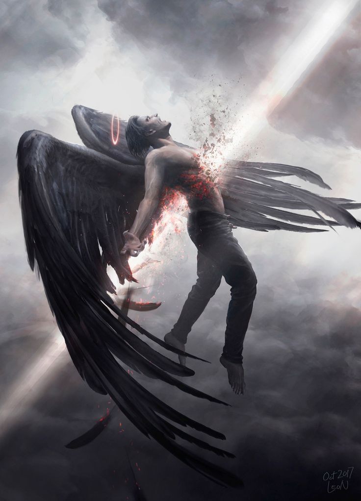 a man with wings flying through the air on top of a cloud covered sky next to an angel