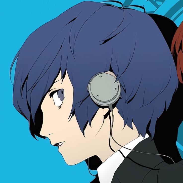 an anime character with headphones on his ears looking to the side, in front of a blue background