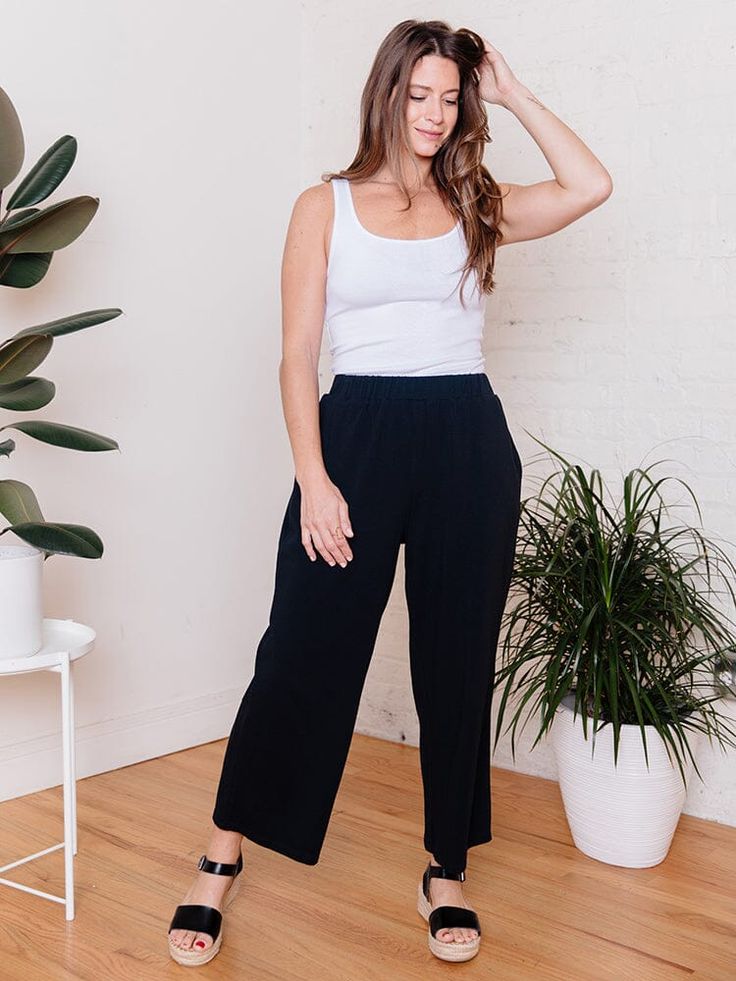 Mata Traders Fae Wide-Leg Pant Black Jersey Pant Mata Traders Casual White Sneakers, The Fae, Plus Size Mini Dresses, Loose Tunic, Fair Trade Clothing, Ethical Fashion Brands, Fitted Mini Dress, Black Jersey, Boho Skirts