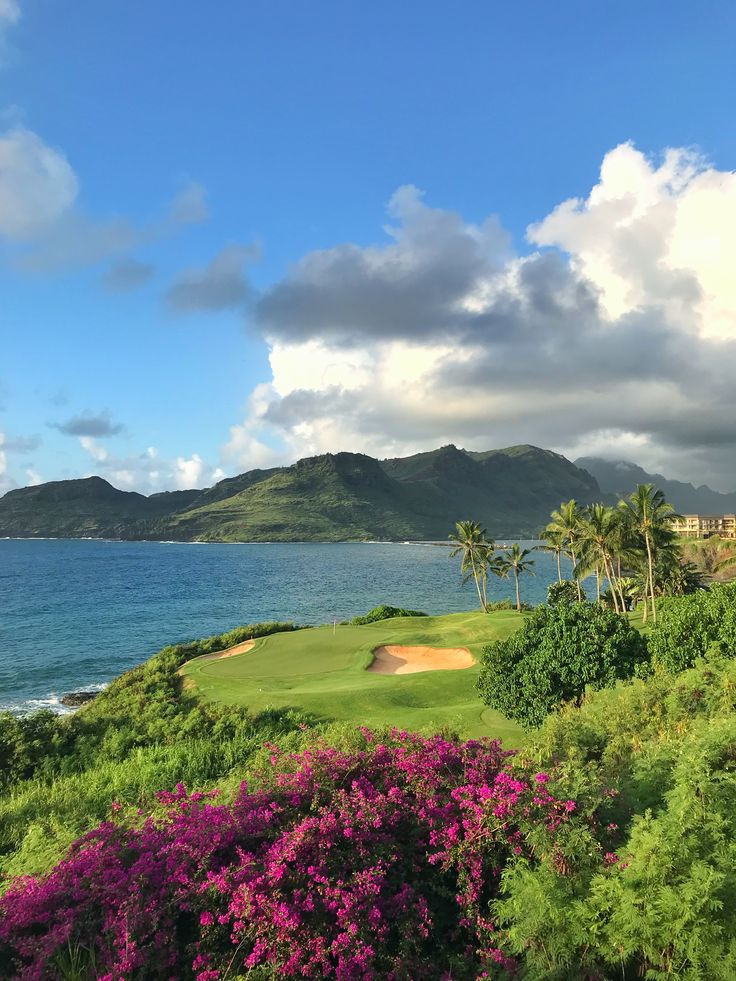 a golf course on the ocean with purple flowers in the foreground and mountains in the background