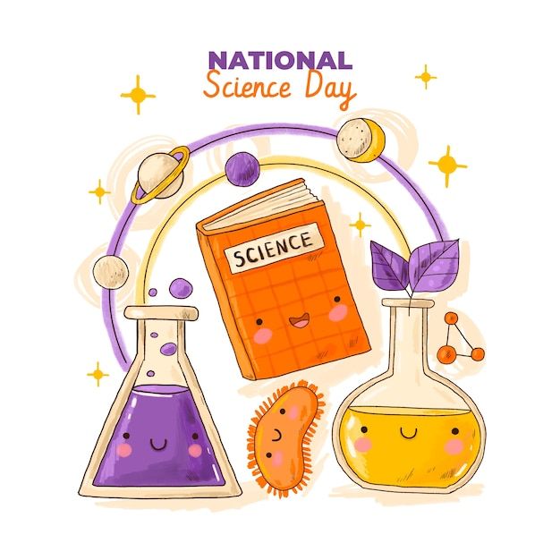 an illustration of science related items with the words national science day written below it in cartoon style