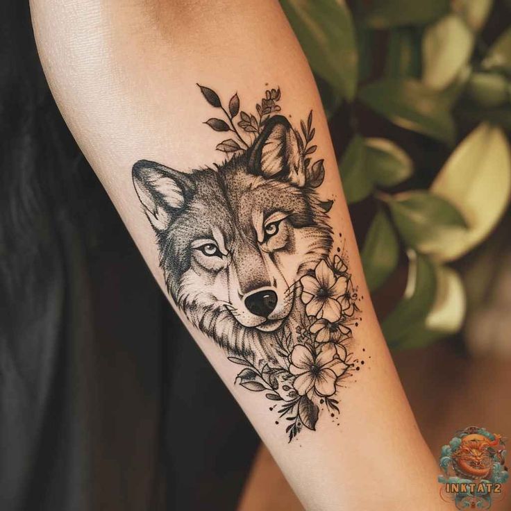 a woman's arm with a wolf and flowers tattoo on the left inner forearm