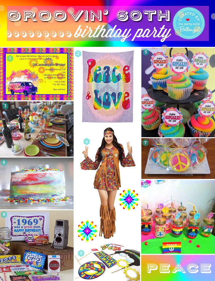 a collage of birthday party items including cake, cupcakes, and decorations