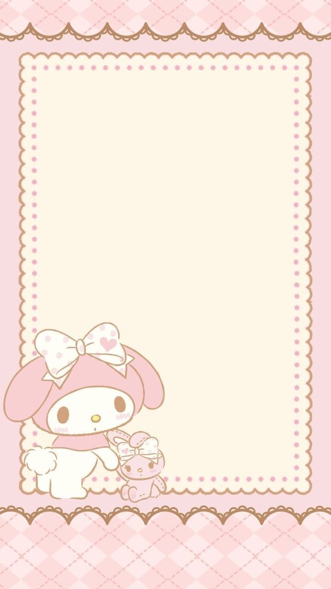 a pink and brown frame with a hello kitty holding a teddy bear