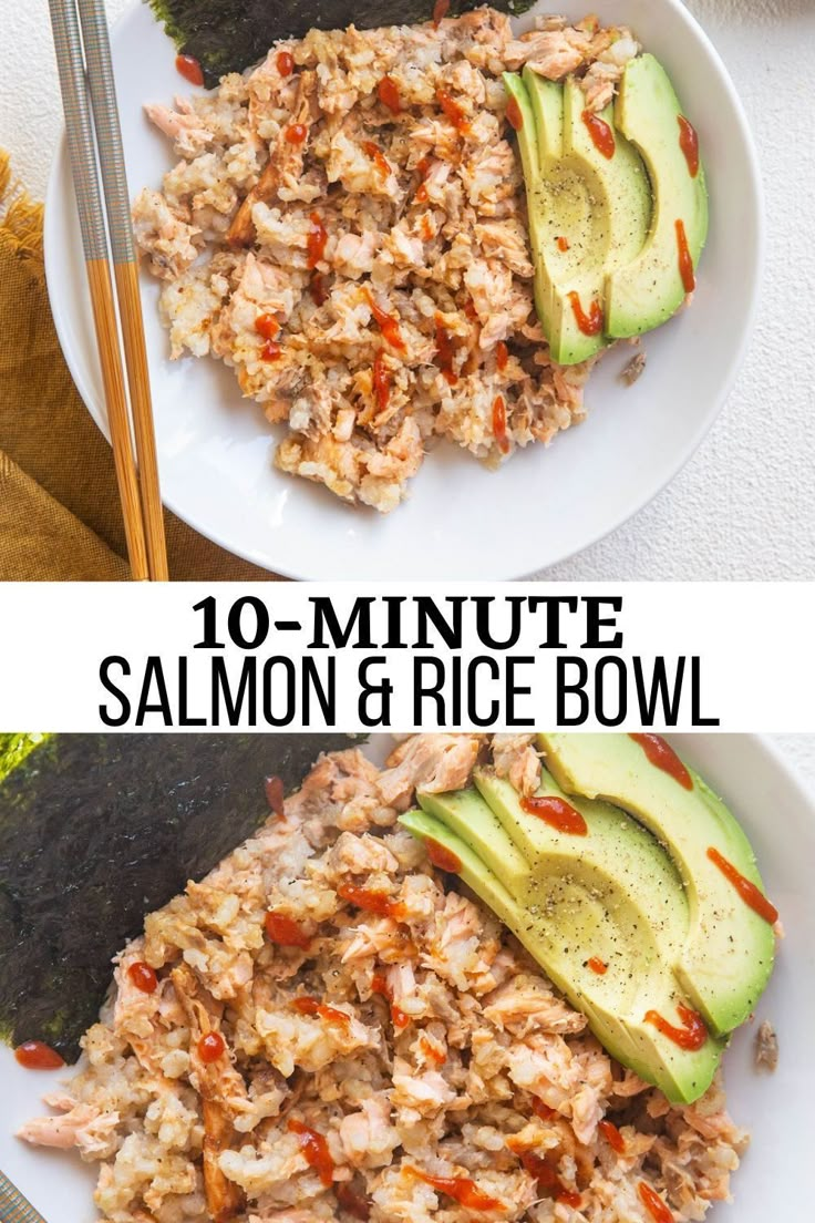 two plates with rice and avocado on them, one has salmon and the other has