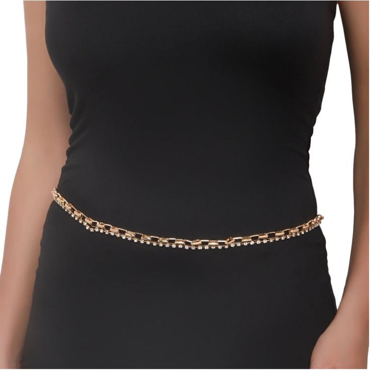 Chains Metallic Rhinestones Item Measurements Taken From Size - S/M Belt Length: 42 Inches Material: All Man-Made Material Elegant Crystal Body Chain, Metal Waist Chain For Evening, Rhinestone Chain Necklace For Evening, Rhinestone Chain Belt For Party, Gold Chain Link Rhinestone Necklace For Party, Elegant Chain Link Rhinestone Necklace For Party, Elegant Rhinestone Waist Chain For Party, Elegant Waist Chain For Night Out, Gold Chain Belt With Rhinestones For Party