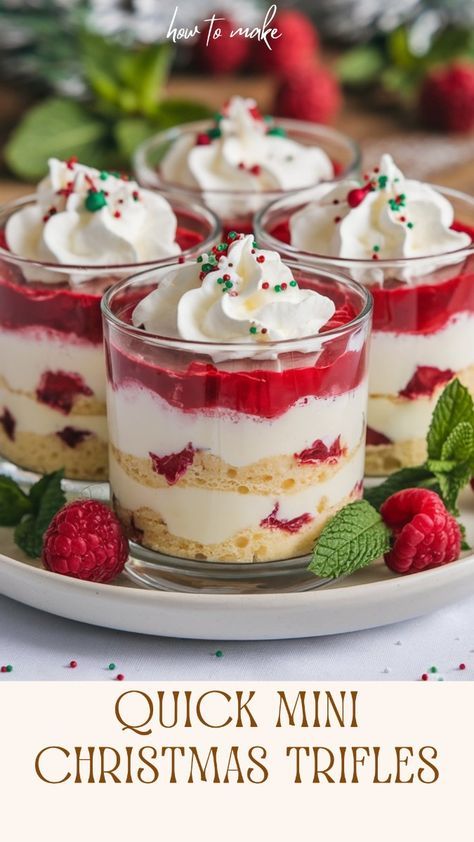 Christmas Trifle Dessert Desert Ideas For Christmas Party, Mini Dessert Shooters Christmas, Christmas Party Baked Goods, Christmas Dessert Trifle Easy Recipes, Individual Trifles Cups, Dessert Finger Foods For Christmas Party, Holiday Layered Desserts, Individual Christmas Dessert Ideas, Best Desserts For Christmas Dinner