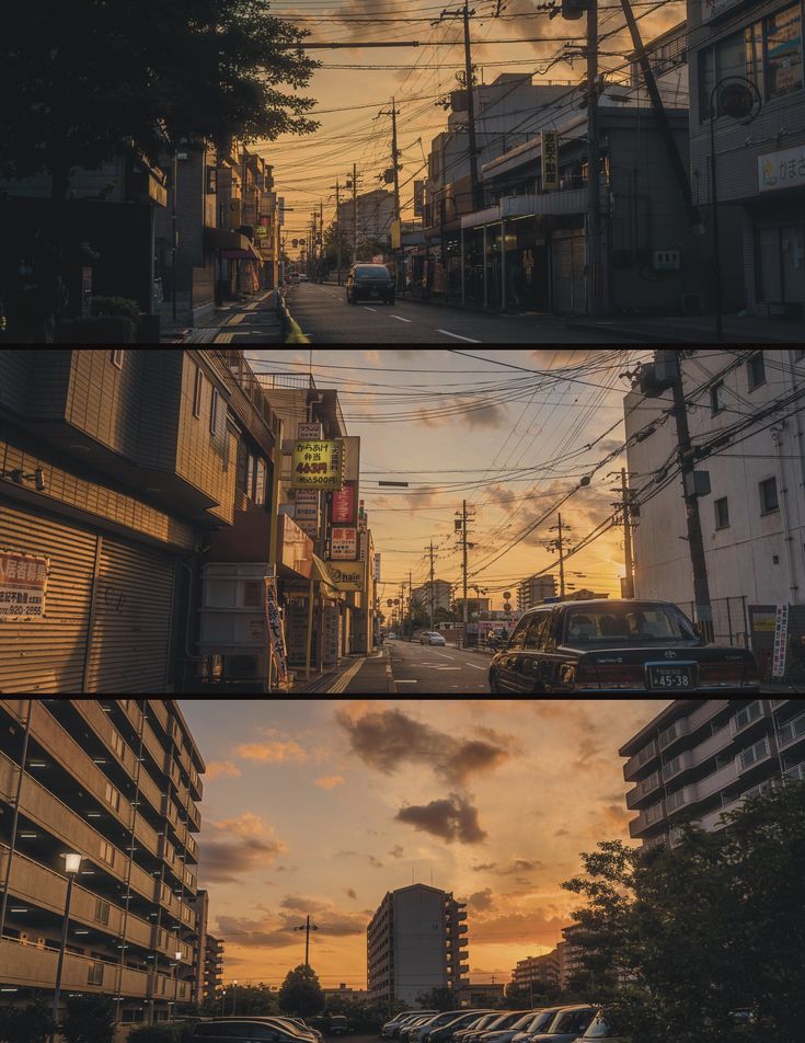 three different shots of the same city street at sunset or dawn, with cars parked on both sides and buildings in the background