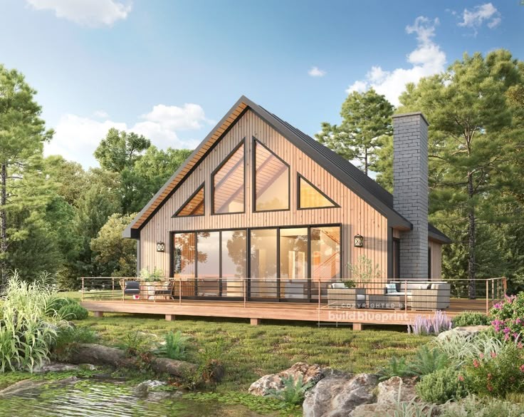 this is a rendering of a cabin style home in the woods with a deck and patio