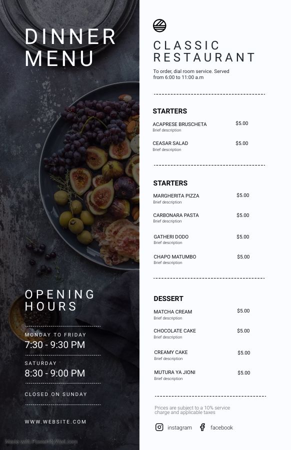 a restaurant menu with an image of figs and other food items on it's side