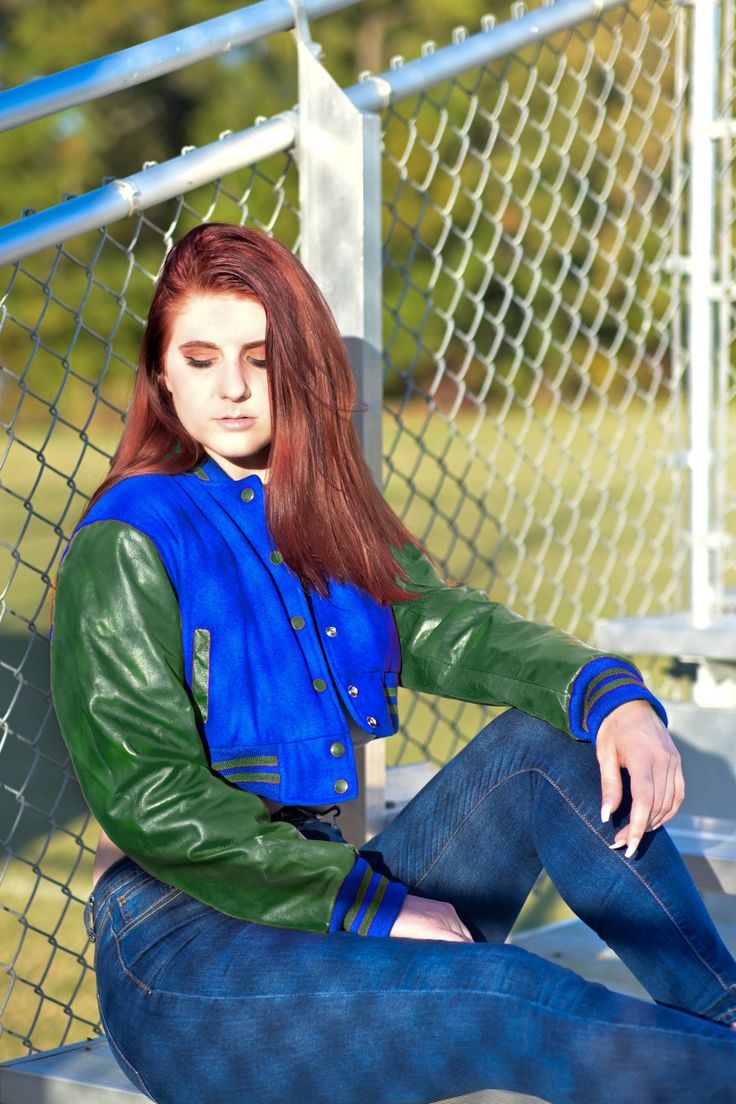 Women Crop top Classic Style Royal Blue Wool Dark Green Genuine Leather Sleeves Varsity Letterman Baseball Jacket Introducing the Custom Letterman Women's Classic Varsity Jacket - a perfect blend of style and comfort with its black wool and green genuine leather sleeves. Perfect for any occasion, this jacket exudes timeless charm and sophistication. Expertly crafted with quality materials, it's a must-have for any fashion-forward individual. If your required Size & Color Combination is not liste Casual Fitted Blue Leather Jacket, Blue Spring Outerwear For College, Blue Casual Leather Jacket, Blue Leather Jacket For Streetwear With Long Sleeves, Blue Leather Jacket For Streetwear, Casual Blue Leather Jacket With Long Sleeves, Casual Blue Long Sleeve Leather Jacket, Blue Fall Outerwear For College, Fall Blue Outerwear For College