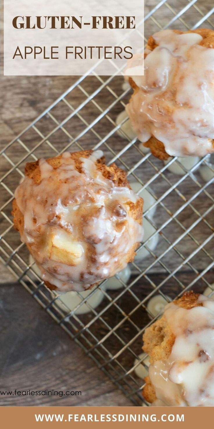 gluten - free apple fritters on a cooling rack with cinnamon rolls