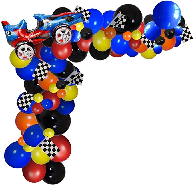 a number one made out of balloons and race cars