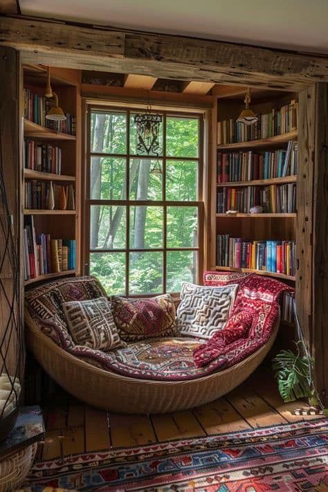 a living room filled with lots of furniture and bookshelves next to a window