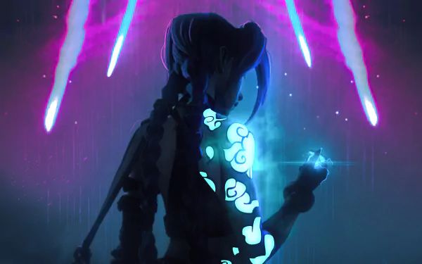 a person standing in the rain with an umbrella and neon lights on their back legs