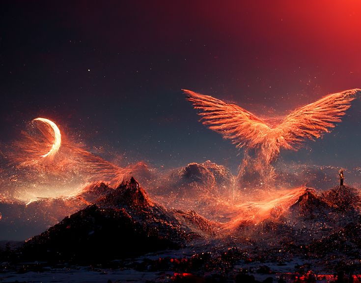 an image of a bird flying in the night sky with mountains and moon behind it