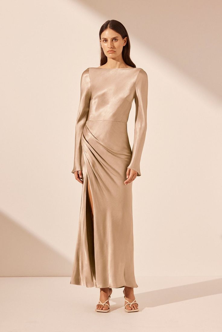 LA LUNE FLARED SLEEVE SIDE SPLIT MIDI DRESS | GOLD | DRESSES | SHONA JOY Long Sleeve Bridesmaid Dress, Gold Dresses, Gold Bridesmaid Dresses, Mango Dress, Shona Joy, Silk Touch, Dress Gold, Midi Length Skirts, Gathered Skirt