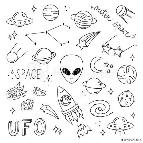 space doodles with an alien, planets and stars in the sky on a white background