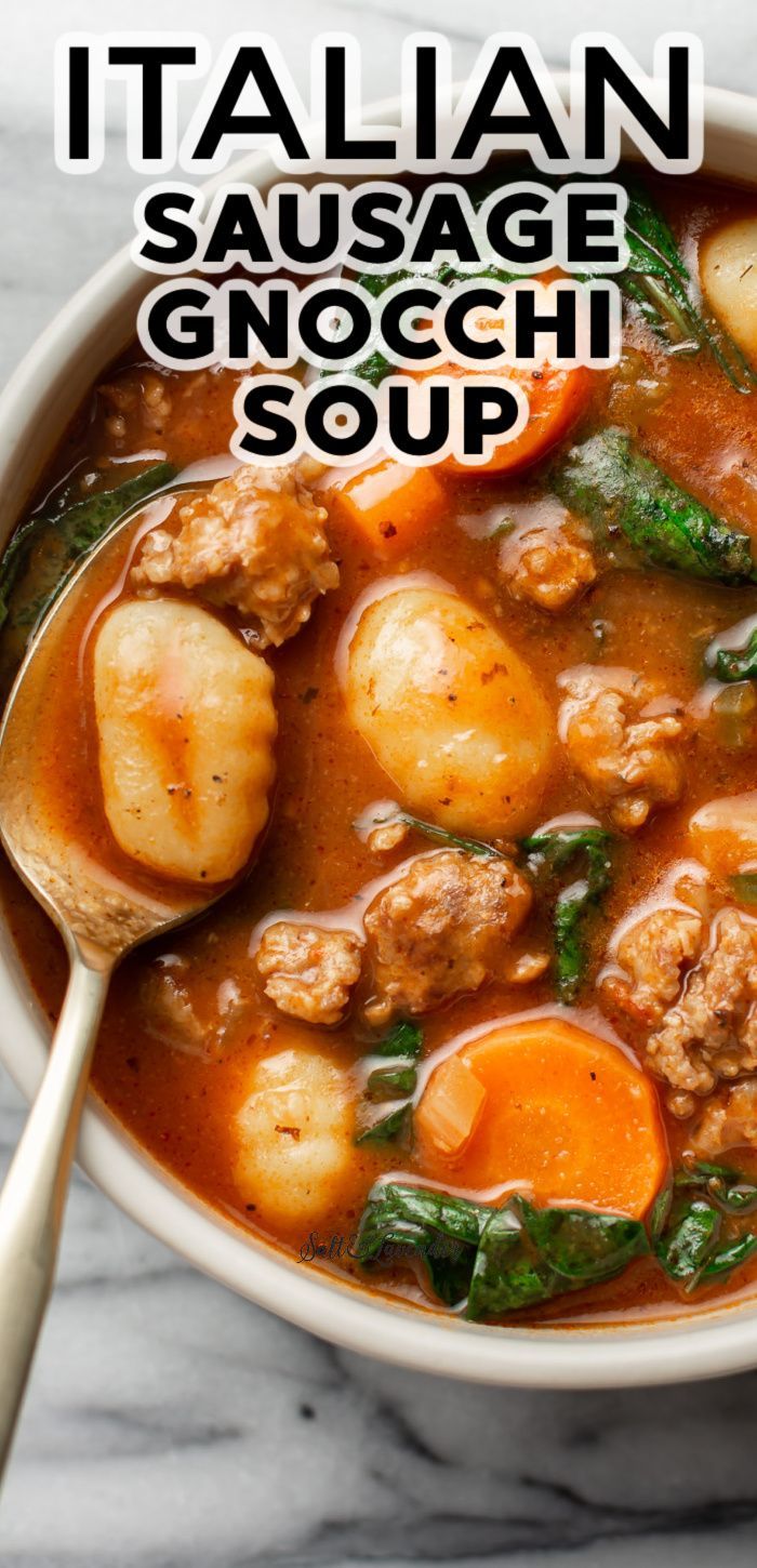 a bowl of soup with a spoon and text overlay that reads italian sausage gnocchi soup Gluten Free Gnocchi Soup, Dairy Free Gnocchi Recipes, Italian Sausage Gnocchi Soup, Gnocchi And Vegetables, Italian Sausage Gnocchi, Sausage Gnocchi Soup, Ground Italian Sausage Recipes, Sausage Gnocchi, Ground Sausage Recipes