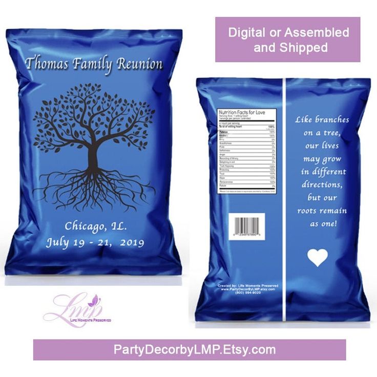 a blue bag with a tree on it and the label for thomas family reunion chocolates