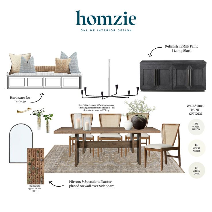 a dining room table and chairs with the words homzie above it