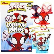 spider - man lollipop rings are on display in front of a box with the packaging