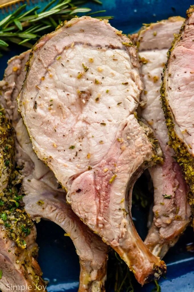 two pieces of meat on a blue plate with green herbs and rosemary sprigs